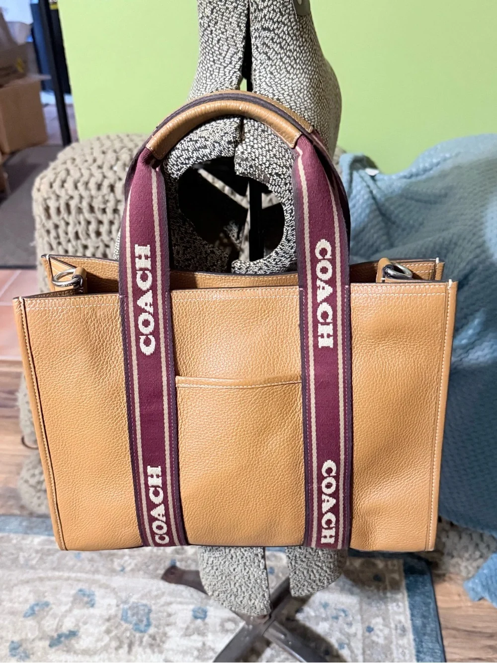 Coach Tan Leather Smith Tote with Burgundy Logo Straps